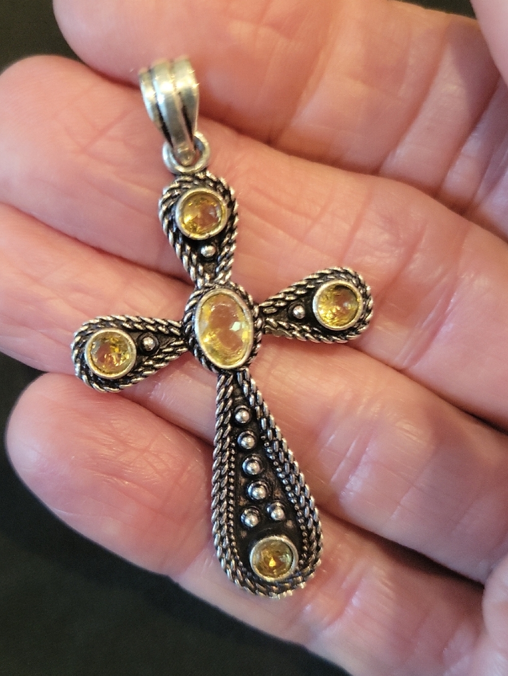925 Sterling Silver Cross Pendant with Citrine Gemstones